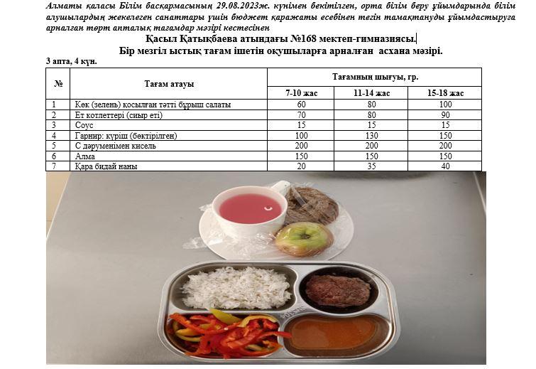 Күнделікті тегін тамақ ішетін оқушылардың ас мәзір