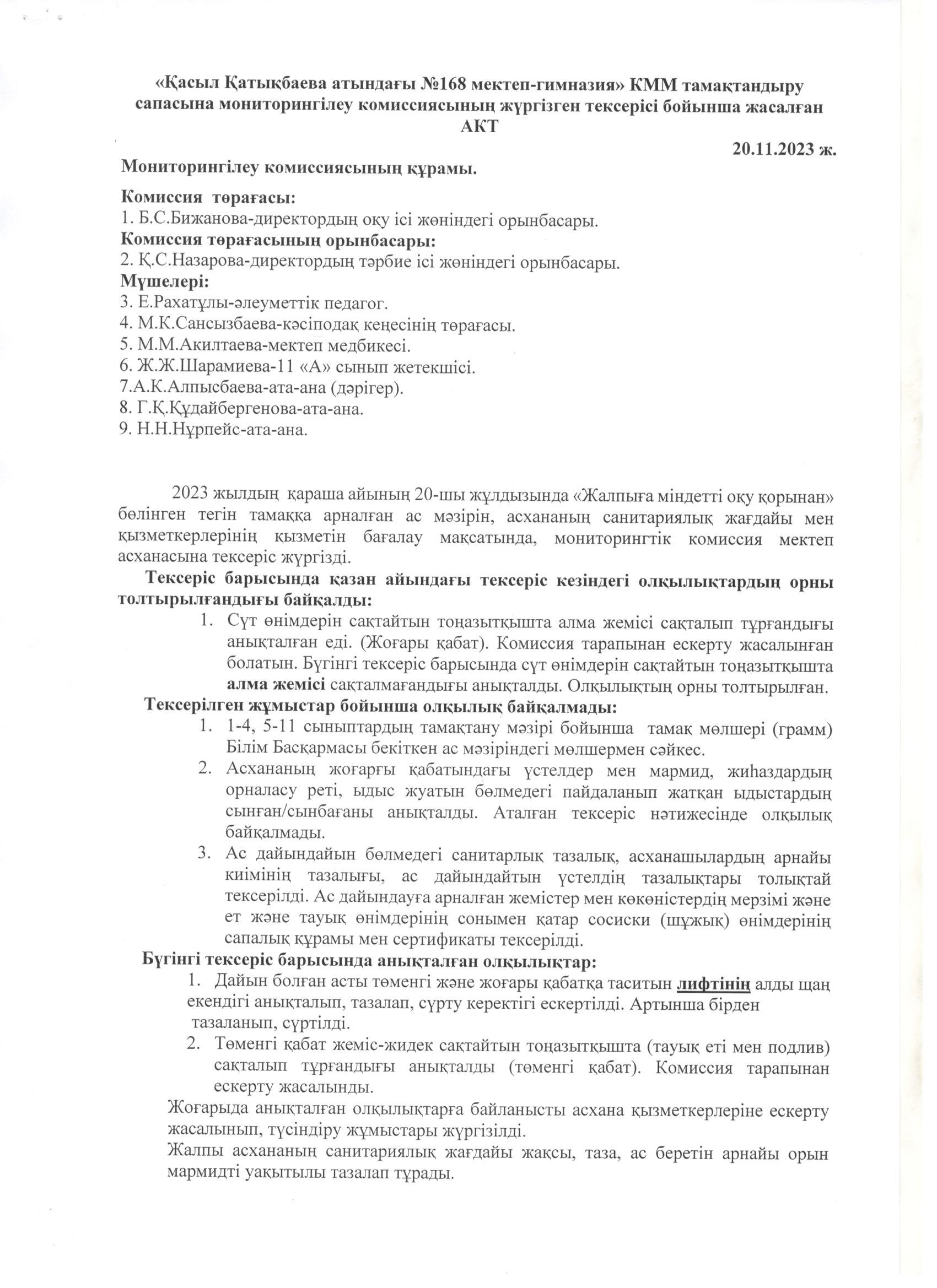 Тамақтандырудың сапасына мониторинг жүргізу жөніндегі комиссиясының жүргізген тексерісі б/ша АКТ