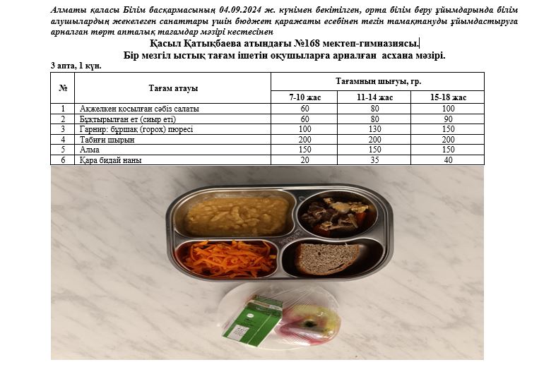 Перспективалық ас мәзірі. Күз мезгілі. 3 апта 1 күн