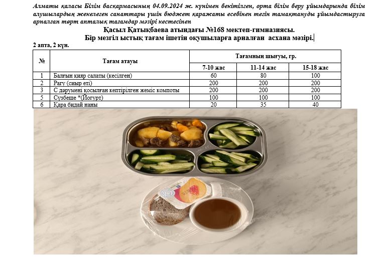 Перспективалық ас мәзірі. Күз мезгілі. 2 апта 2 күн